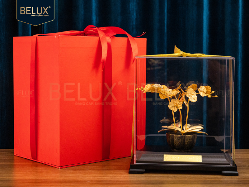 Chậu Hoa Lan Hồ Điệp 3 Cành dát vàng 24k KT 22x15x24cm